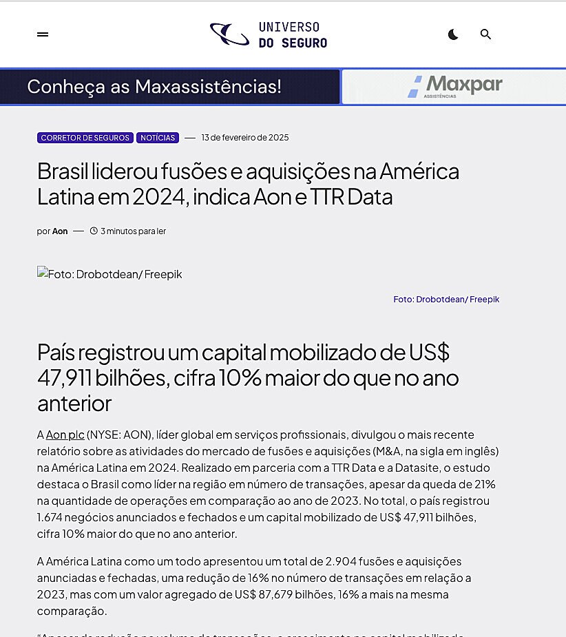 Brasil liderou fuses e aquisies na Amrica Latina em 2024, indica Aon e TTR Data